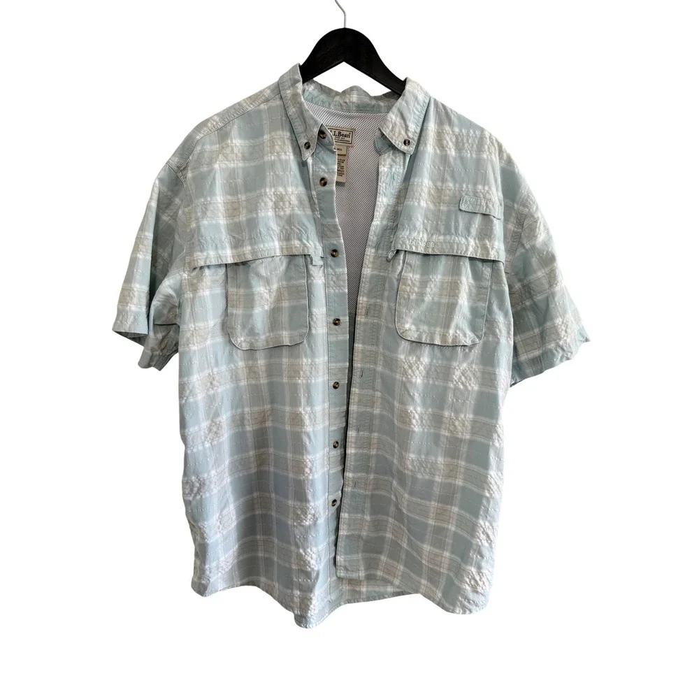 L.L. Bean Vented Plaid Fishing Shirt Size XL Light Teal Green Blue EUC
